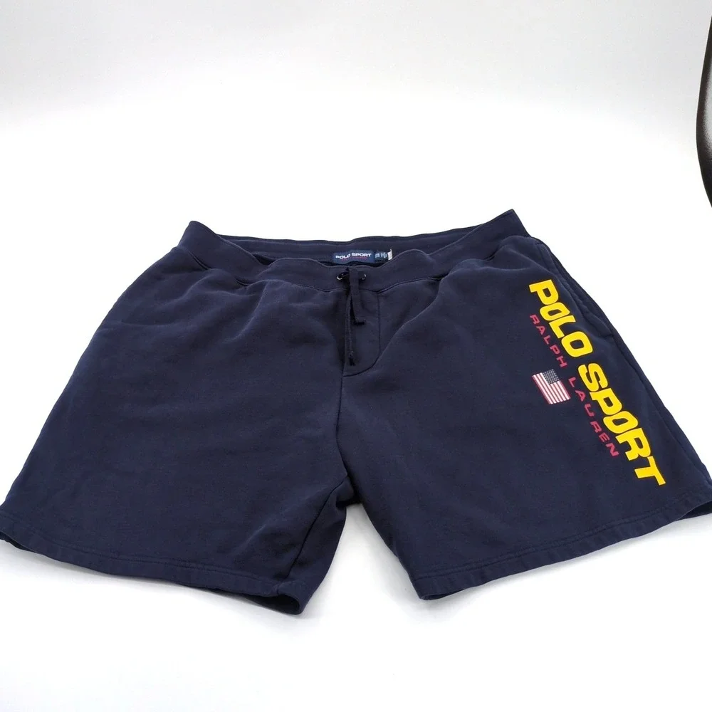 Polo Sport Ralph Lauren Fleece Shorts Men's 2XB B&T Navy Spellout Logo USA Flag